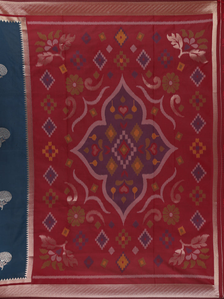 Navy Blue Floral Design Silk Saree - Diadem