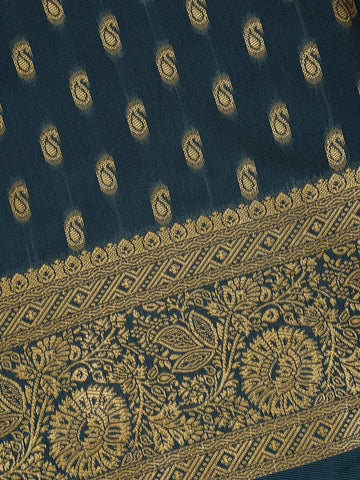 Navy Blue Floral Design Silk Saree - Diadem