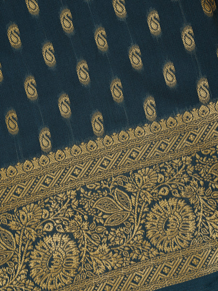 Navy Blue Floral Design Silk Saree - Diadem