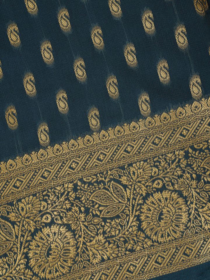 Navy Blue Floral Design Silk Saree - Diadem