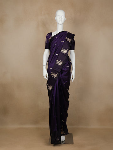 Navy Blue Floral Designed Banarasi Silk Saree - Diadem