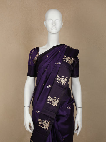 Navy Blue Floral Designed Banarasi Silk Saree - Diadem
