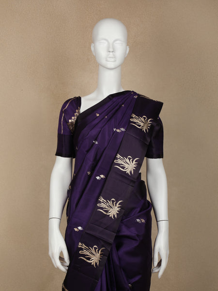 Navy Blue Floral Designed Banarasi Silk Saree - Diadem