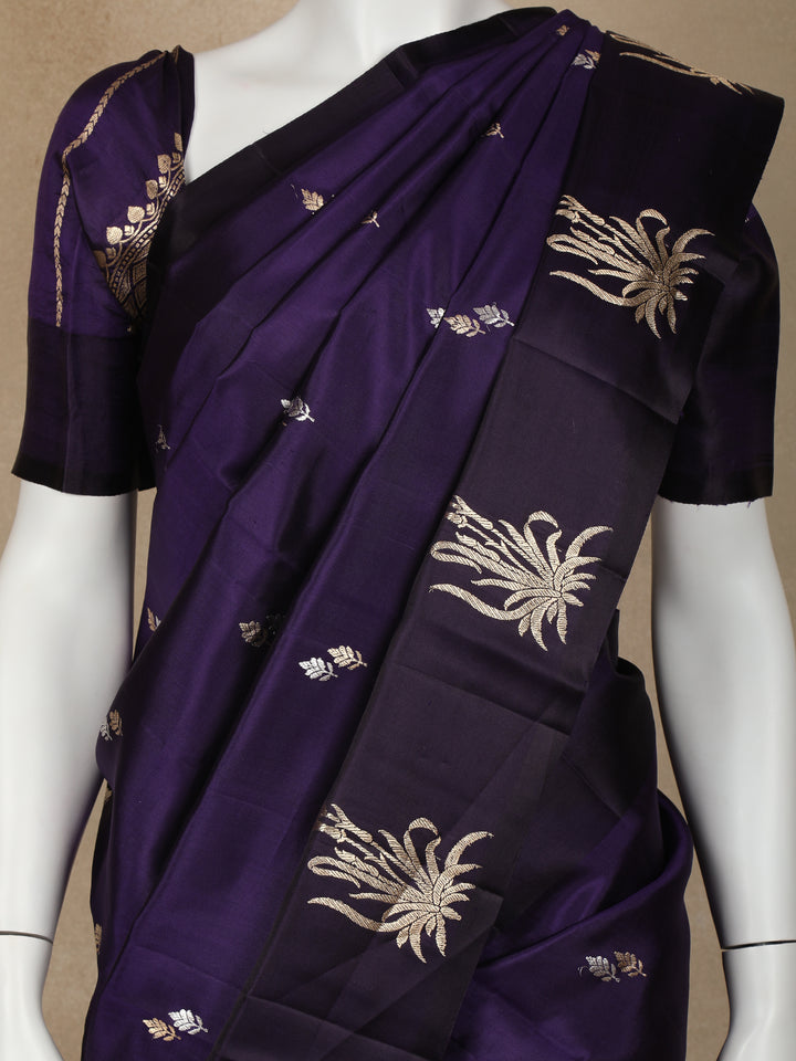 Navy Blue Floral Designed Banarasi Silk Saree - Diadem