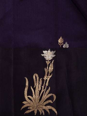 Navy Blue Floral Designed Banarasi Silk Saree - Diadem