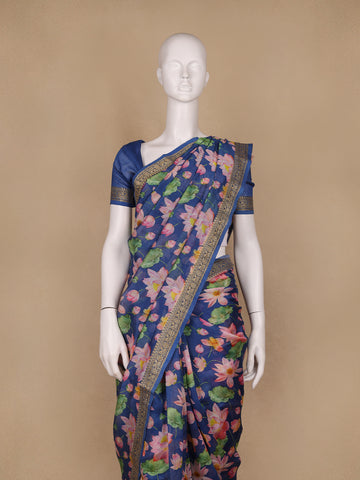 Navy Blue Floral Designed Chanderi Cotton Saree - Diadem