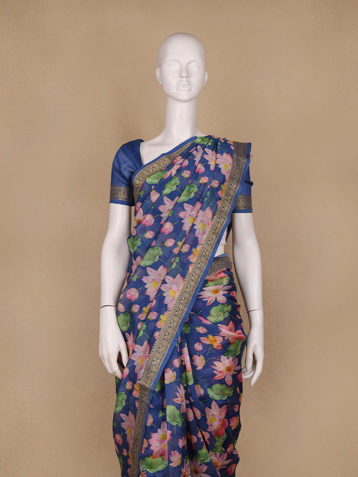 Navy Blue Floral Designed Chanderi Cotton Saree - Diadem