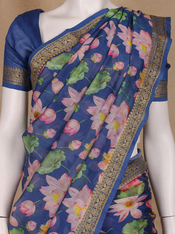 Navy Blue Floral Designed Chanderi Cotton Saree - Diadem