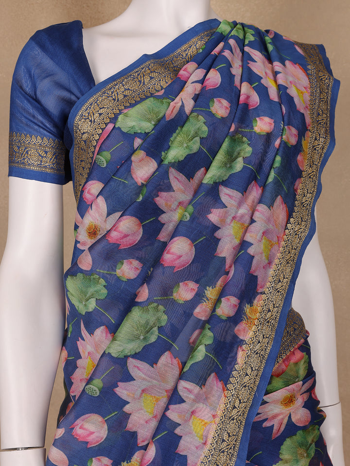 Navy Blue Floral Designed Chanderi Cotton Saree - Diadem