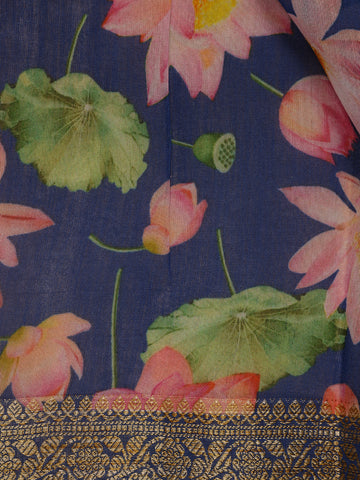 Navy Blue Floral Designed Chanderi Cotton Saree - Diadem