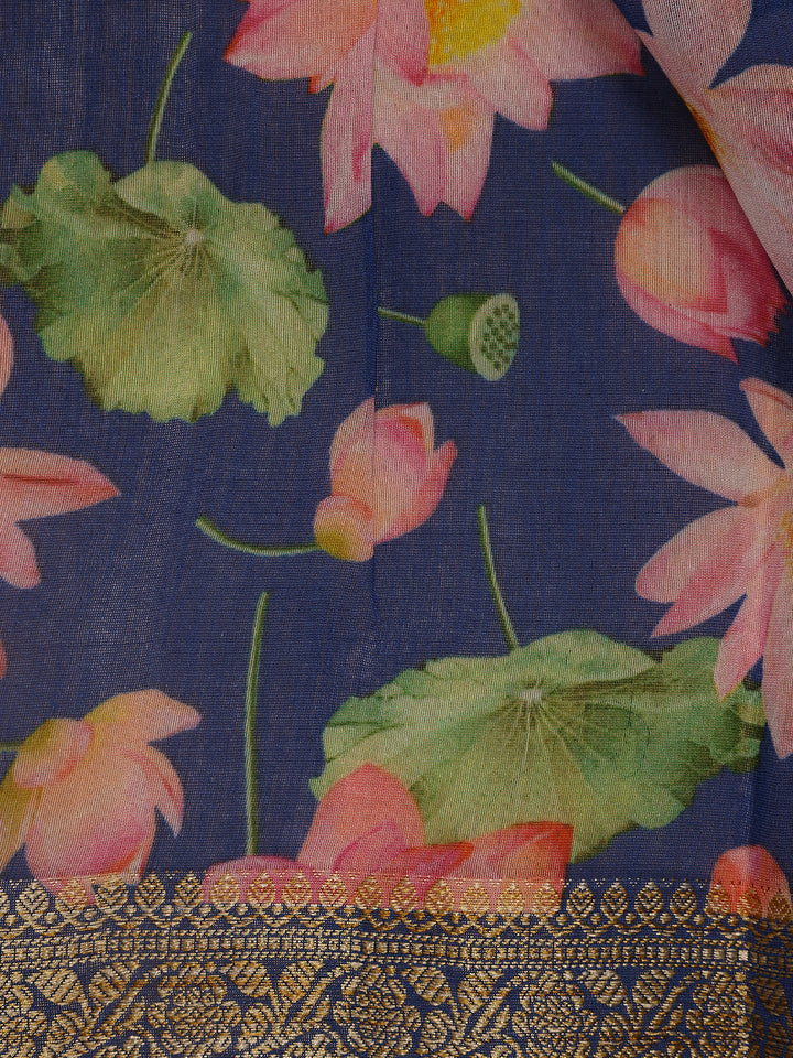 Navy Blue Floral Designed Chanderi Cotton Saree - Diadem