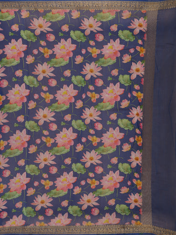 Navy Blue Floral Designed Chanderi Cotton Saree - Diadem