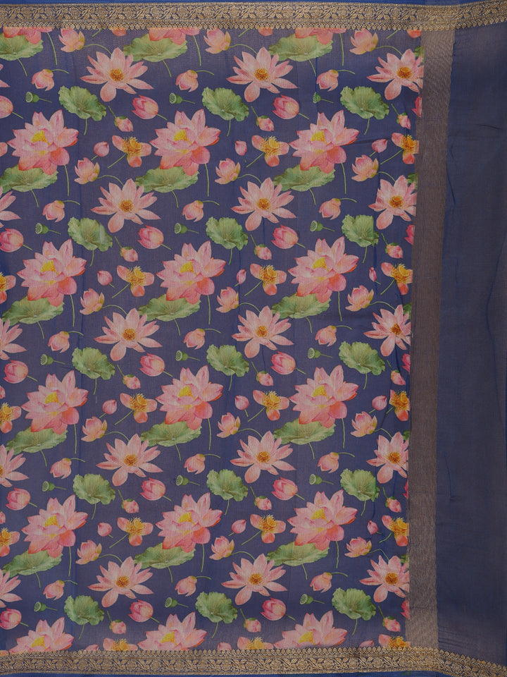 Navy Blue Floral Designed Chanderi Cotton Saree - Diadem