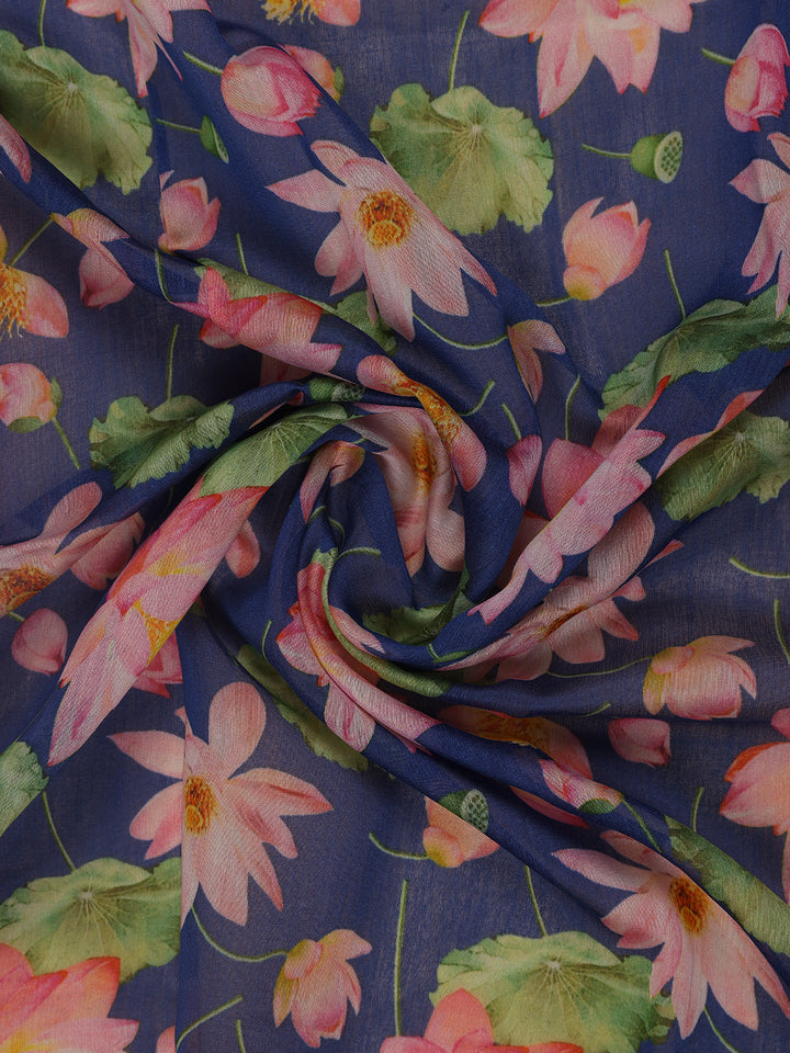 Navy Blue Floral Designed Chanderi Cotton Saree - Diadem