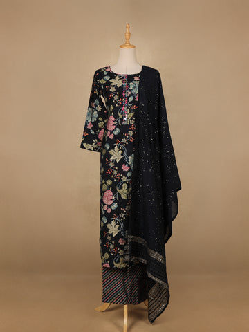 Navy Blue Floral Designed Cotton Salwar Suit - Diadem