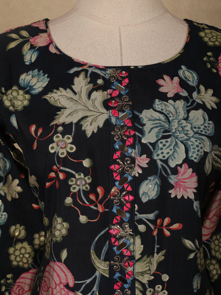 Navy Blue Floral Designed Cotton Salwar Suit - Diadem
