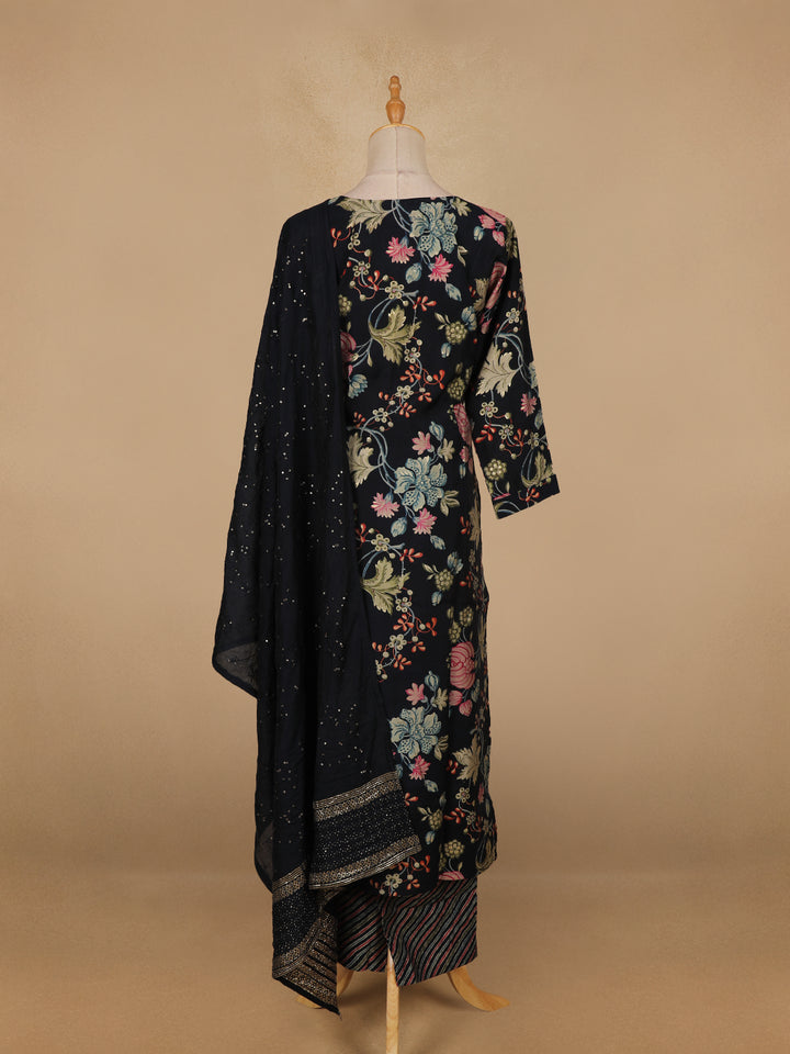 Navy Blue Floral Designed Cotton Salwar Suit - Diadem