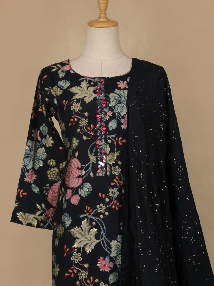 Navy Blue Floral Designed Cotton Salwar Suit - Diadem