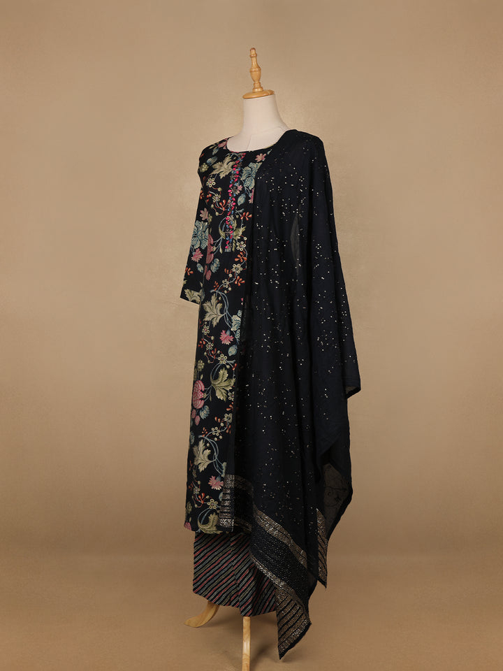 Navy Blue Floral Designed Cotton Salwar Suit - Diadem