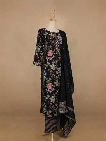 Navy Blue Floral Designed Cotton Salwar Suit - Diadem