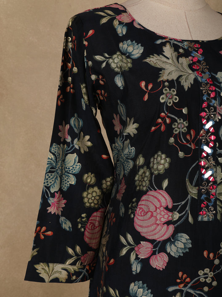 Navy Blue Floral Designed Cotton Salwar Suit - Diadem