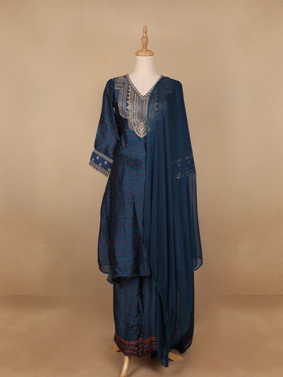 Navy Blue Floral Designed Semi Silk Salwar Suit