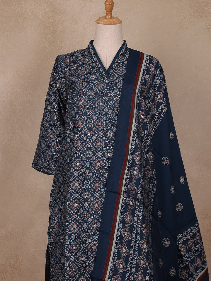 Navy Blue Floral Designed Cotton Salwar Suit - Diadem