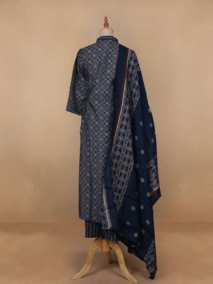 Navy Blue Floral Designed Cotton Salwar Suit - Diadem