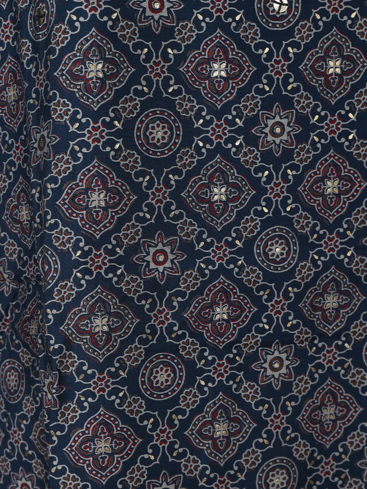 Navy Blue Floral Designed Cotton Salwar Suit - Diadem