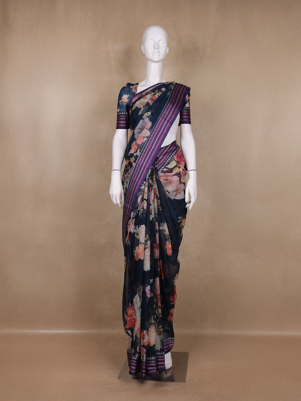 Navy Blue Floral Design Printed Kota Cotton Saree - Diadem