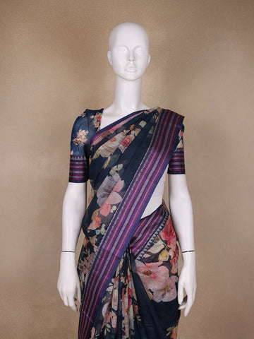 Navy Blue Floral Design Printed Kota Cotton Saree - Diadem