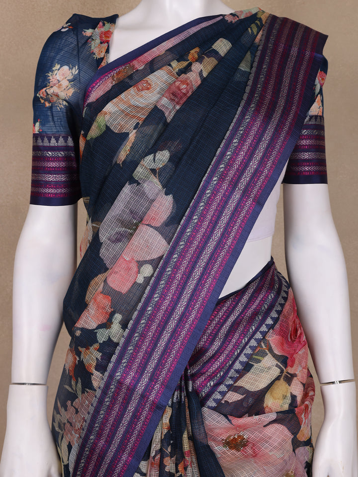 Navy Blue Floral Design Printed Kota Cotton Saree - Diadem