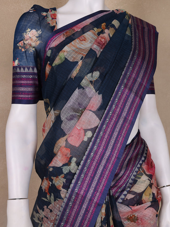 Navy Blue Floral Design Printed Kota Cotton Saree - Diadem