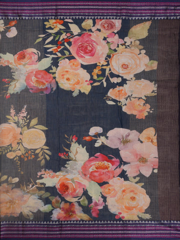 Navy Blue Floral Design Printed Kota Cotton Saree - Diadem