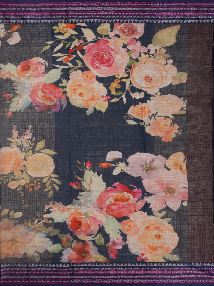 Navy Blue Floral Design Printed Kota Cotton Saree - Diadem