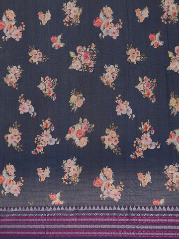 Navy Blue Floral Design Printed Kota Cotton Saree - Diadem