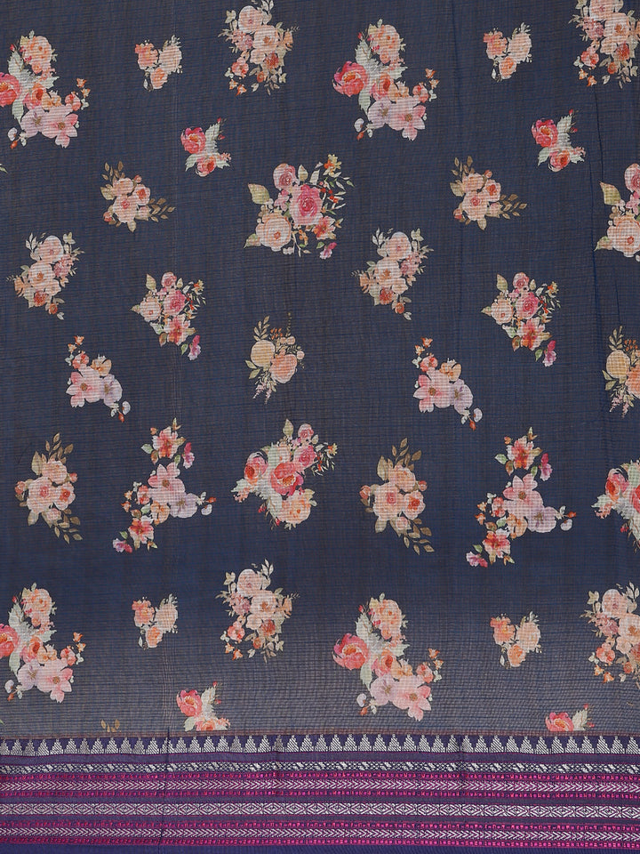 Navy Blue Floral Design Printed Kota Cotton Saree - Diadem