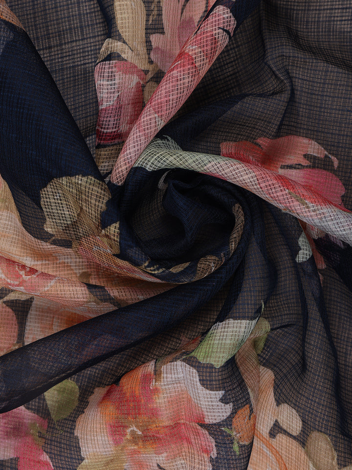 Navy Blue Floral Design Printed Kota Cotton Saree - Diadem