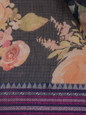 Navy Blue Floral Design Printed Kota Cotton Saree - Diadem