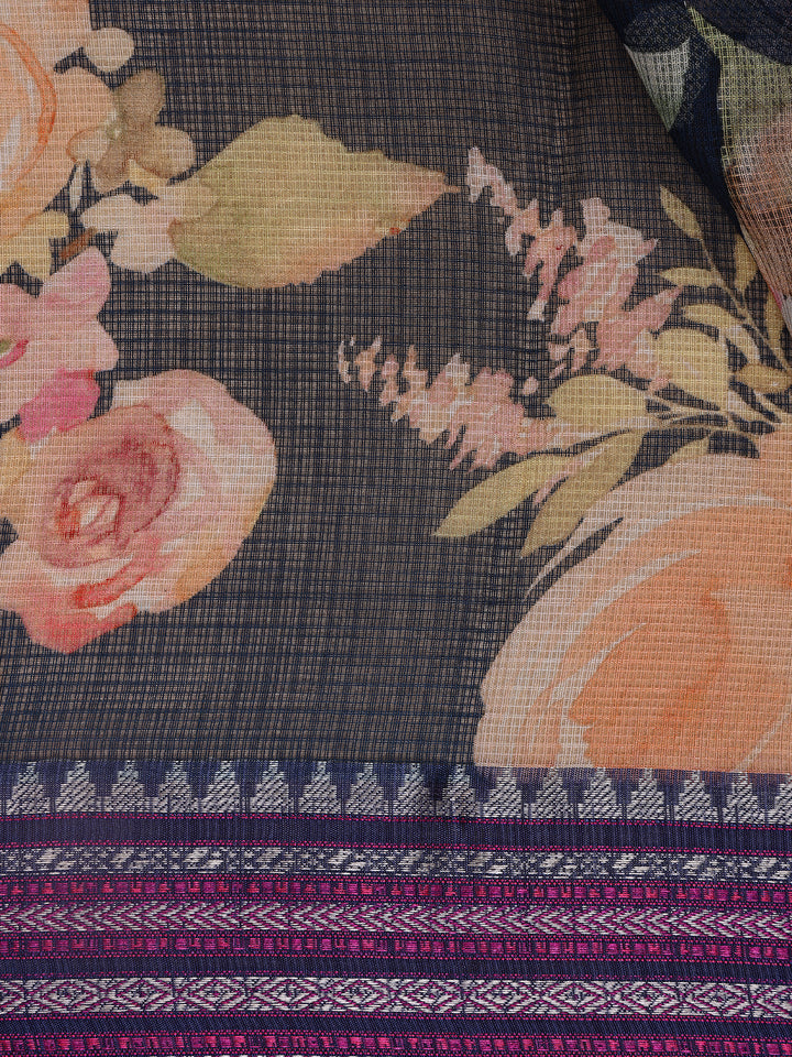 Navy Blue Floral Design Printed Kota Cotton Saree - Diadem
