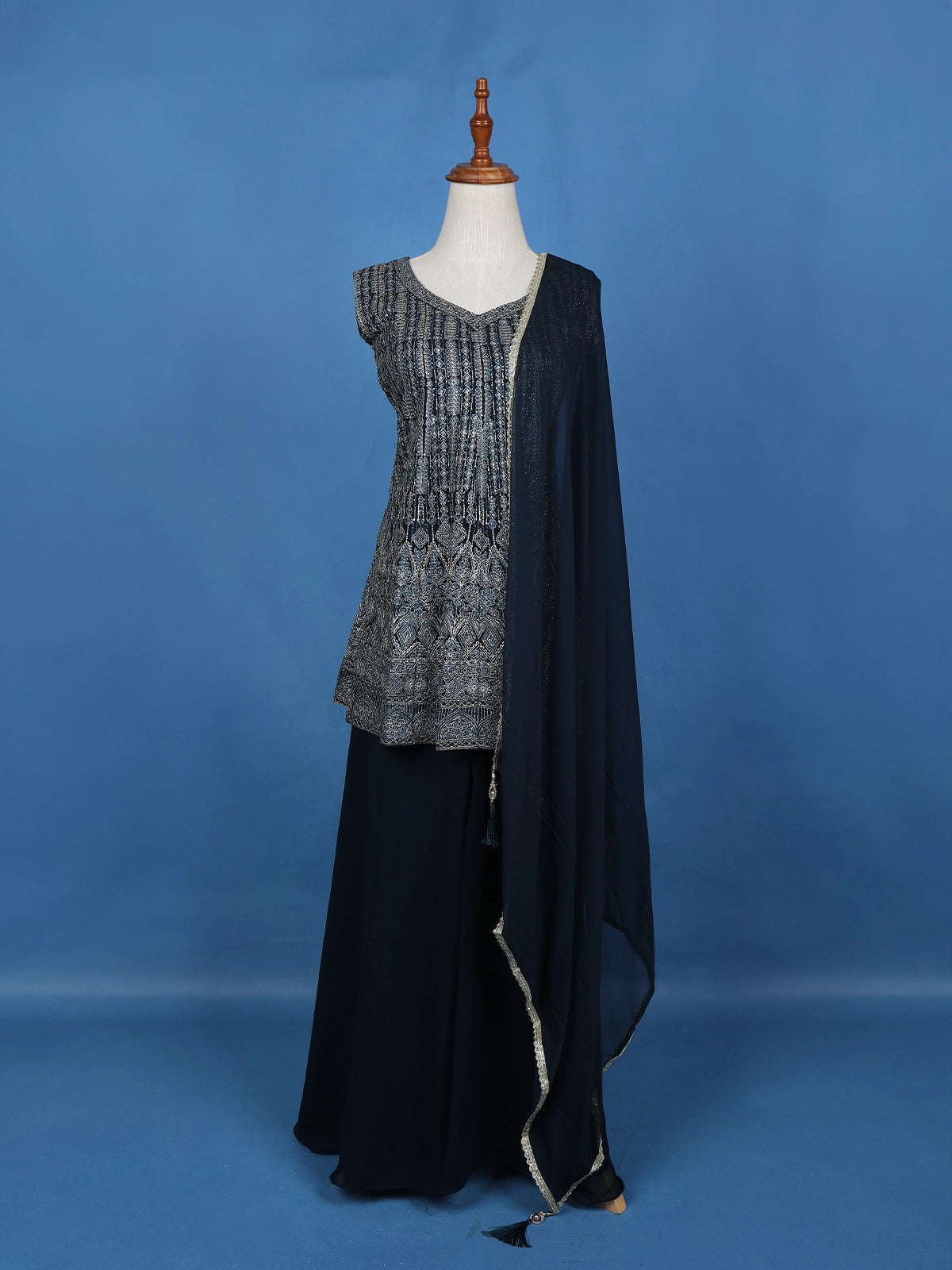 Navy Blue Floral Embroidered Georgette Palazzo Suit - Diadem