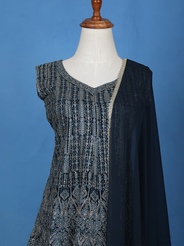 Navy Blue Floral Embroidered Georgette Palazzo Suit - Diadem