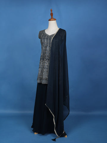 Navy Blue Floral Embroidered Georgette Palazzo Suit - Diadem