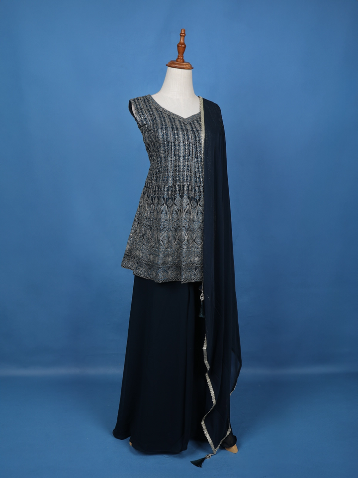 Navy Blue Floral Embroidered Georgette Palazzo Suit - Diadem