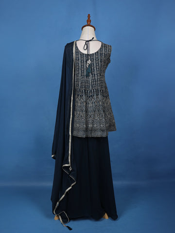 Navy Blue Floral Embroidered Georgette Palazzo Suit - Diadem