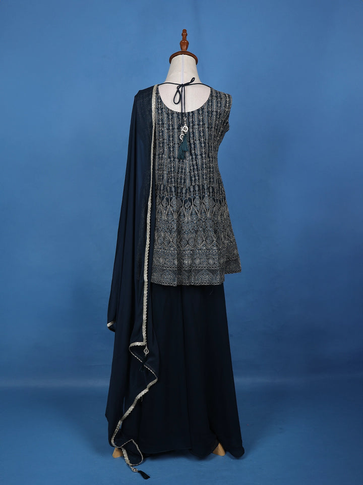 Navy Blue Floral Embroidered Georgette Palazzo Suit - Diadem