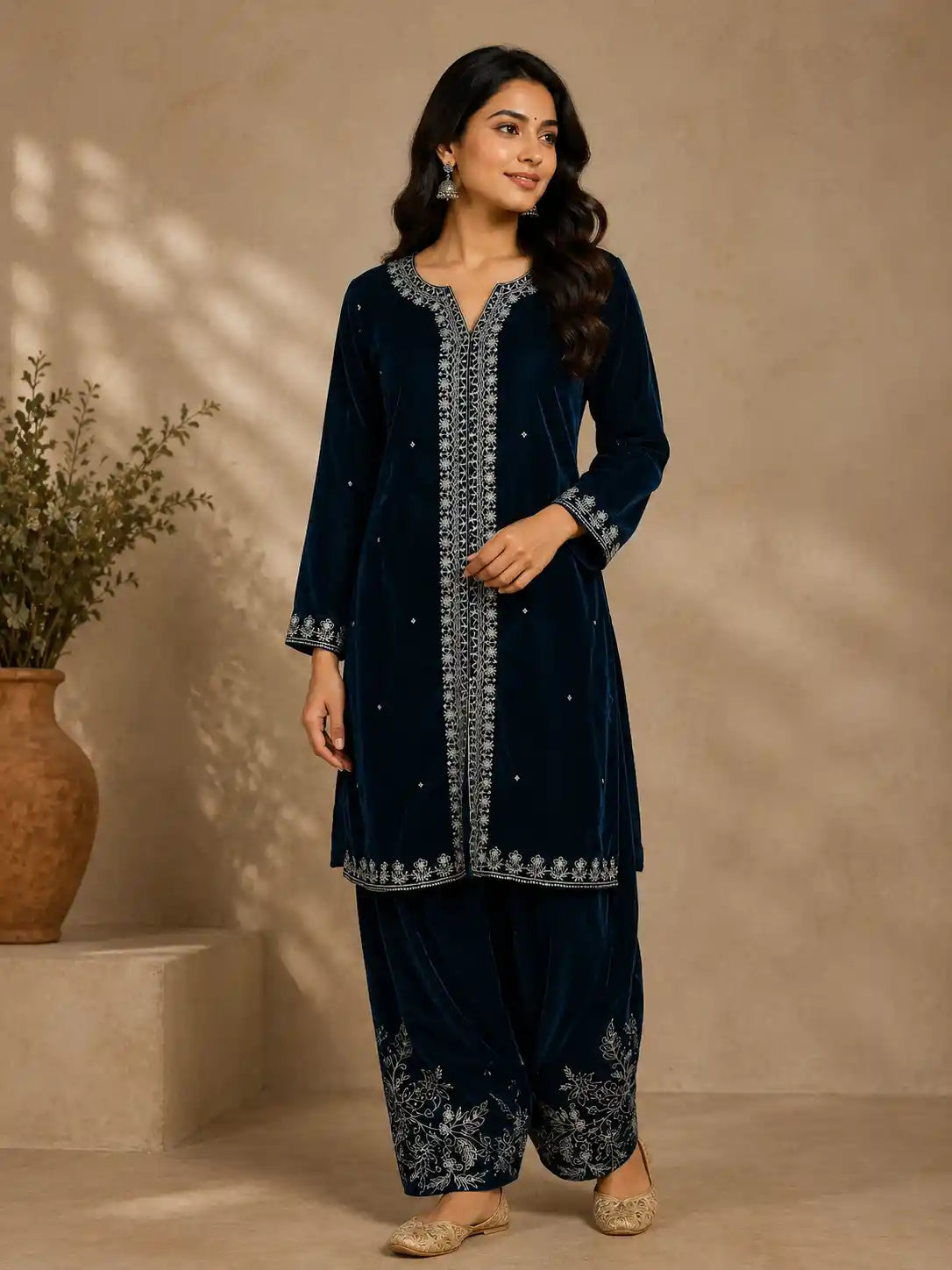 Navy Blue Floral Embroidered Velvet Co Ord Salwar Suit