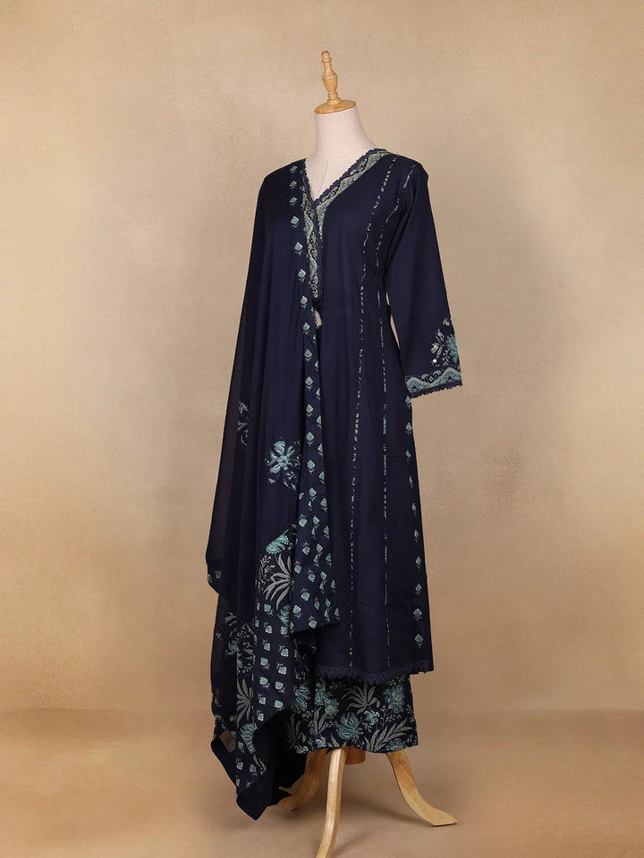 Navy Blue Floral Embroidery Cotton Salwar Suit - Diadem