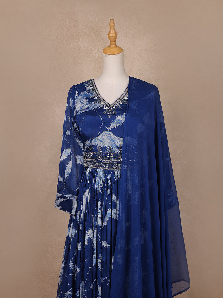 Navy Blue Floral Embroidery Crepe Gown - Diadem