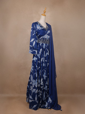 Navy Blue Floral Embroidery Crepe Gown - Diadem